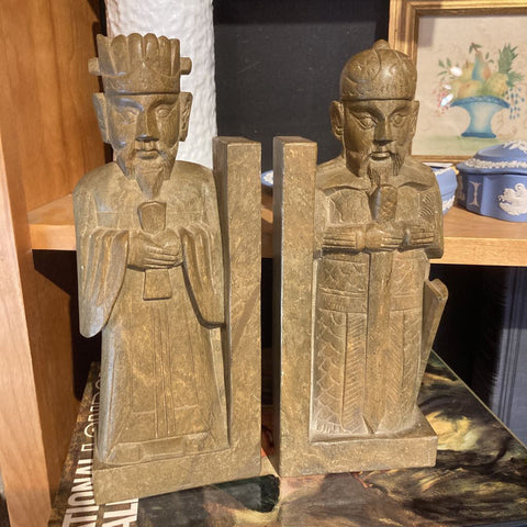 Vintage heavy hand carved stone figural bookends (10t, 4w in.)