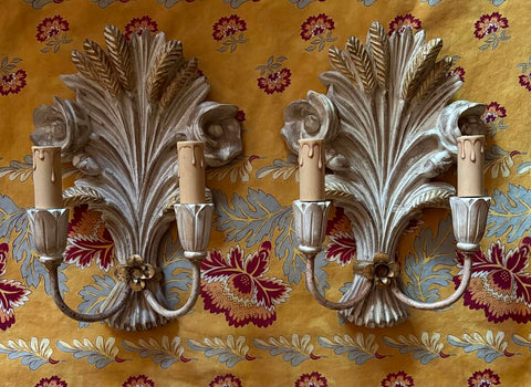 WIRED ITALIAN WHEAT SHEAF AND FLORAL CARVED WOOD & METAL SCONCES W/ GILT ACCENTS | 12.75"H X 9.25" W