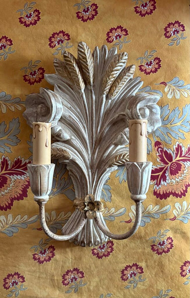 WIRED ITALIAN WHEAT SHEAF AND FLORAL CARVED WOOD & METAL SCONCES W/ GILT ACCENTS | 12.75"H X 9.25" W