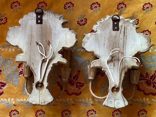 WIRED ITALIAN WHEAT SHEAF AND FLORAL CARVED WOOD & METAL SCONCES W/ GILT ACCENTS | 12.75"H X 9.25" W