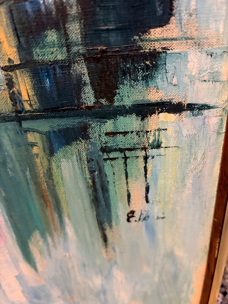 Mid-century modern abstract urban landscape oil on canvas approx 41x17-signed and For pick up only