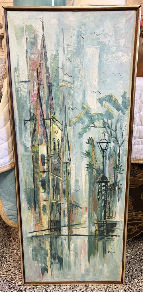 Mid-century modern abstract urban landscape oil on canvas approx 41x17-signed and For pick up only