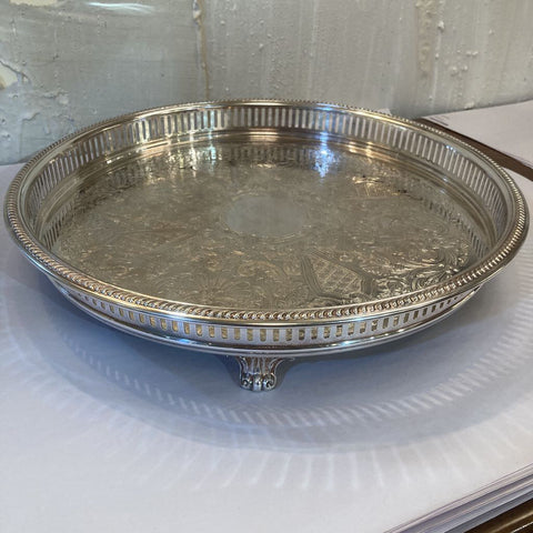Vintage round galleried silver plate tray (15" diameter)