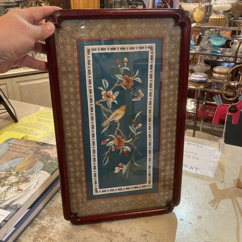 vintage chinese silk floral & bird framed