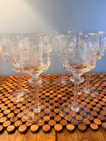 Set of 6 antique etched Tiffin Cadena large wine goblets circa 1930