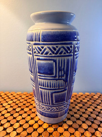 Signed studio pottery blue geometric design vase