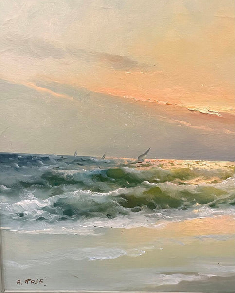 LARGE SEASCAPE PAINTING OF A BOAT IN WATER NEAR SHORE, SIGNED AND FRAMED | 32"W X 24.25"H X 1.5"D