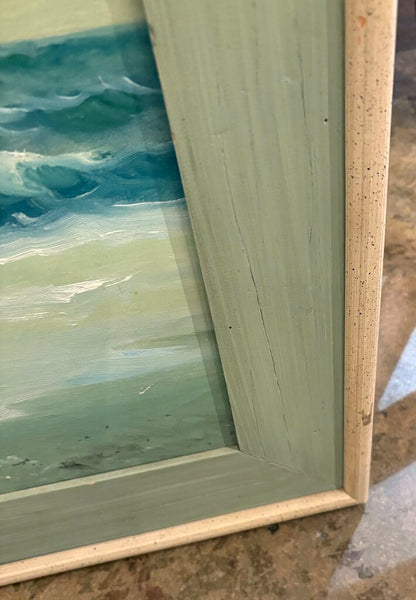 LARGE SEASCAPE PAINTING OF A BOAT IN WATER NEAR SHORE, SIGNED AND FRAMED | 32"W X 24.25"H X 1.5"D