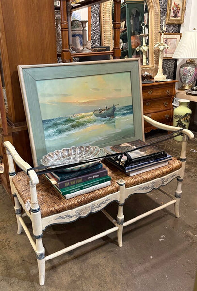 LARGE SEASCAPE PAINTING OF A BOAT IN WATER NEAR SHORE, SIGNED AND FRAMED | 32"W X 24.25"H X 1.5"D