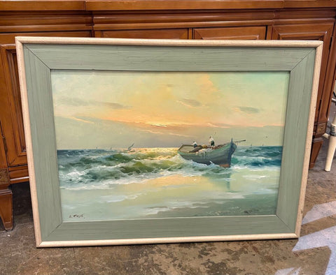 LARGE SEASCAPE PAINTING OF A BOAT IN WATER NEAR SHORE, SIGNED AND FRAMED | 32"W X 24.25"H X 1.5"D