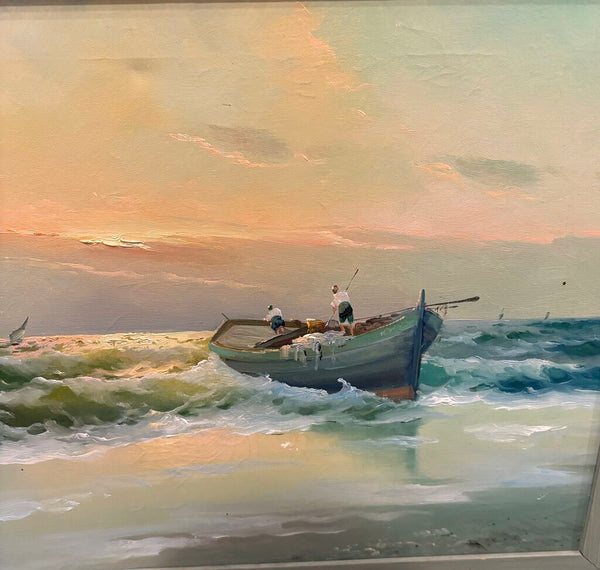 LARGE SEASCAPE PAINTING OF A BOAT IN WATER NEAR SHORE, SIGNED AND FRAMED | 32"W X 24.25"H X 1.5"D