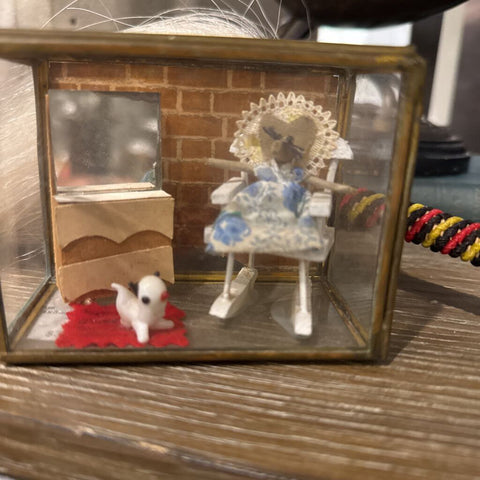 Brass shadowbox mouse and dog diorama wall hanging 4x3x2