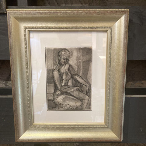 Original engraving, seated woman. New custom framing (13.5 h x 12 w inches_