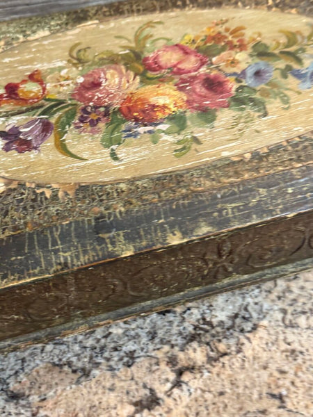 Antique box with floral painted top and lavender inside