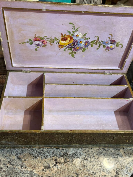 Antique box with floral painted top and lavender inside