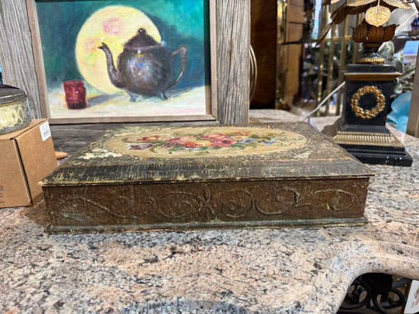 Antique box with floral painted top and lavender inside