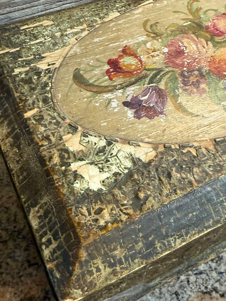 Antique box with floral painted top and lavender inside