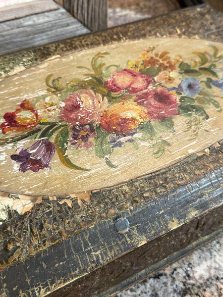Antique box with floral painted top and lavender inside