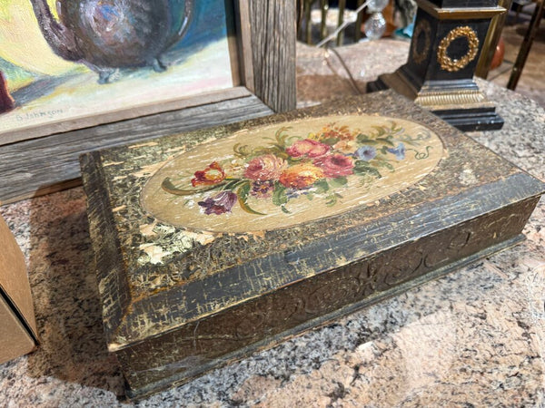 Antique box with floral painted top and lavender inside