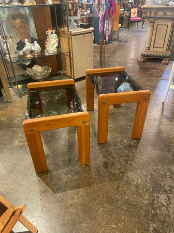 Pair of teak and Smokey glass 1970s side tables in the style of Afra Tonia-in store pick up only