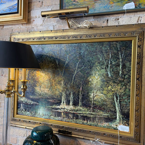 Stunning vintage oil on canvas/nailed in called "Forest Tranquility" by European artist Ludwig Sohlar in liovely original gold guilded frame with vintage light attached approx 32.5x45 For pick up only