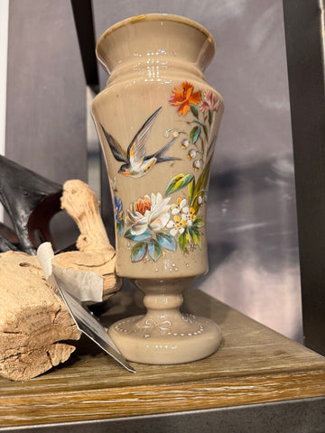 Taupe Bristol Glass Vase with Swallow and flowers 10" tall each