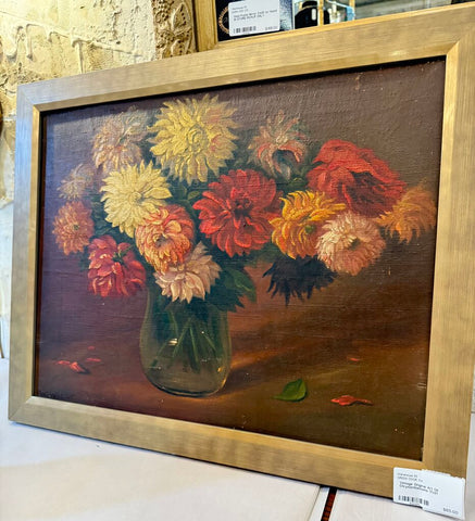Vintage Original Art Oil Chrysanthemums 17x21