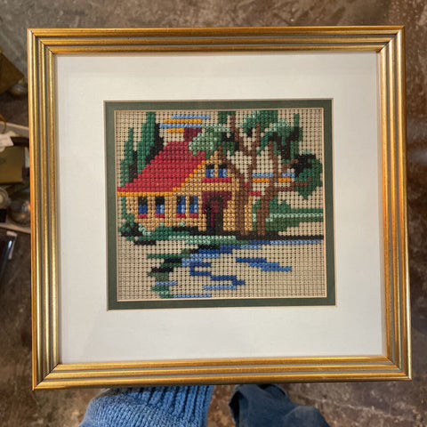 Small Cross Stitch of House In Gold Frame