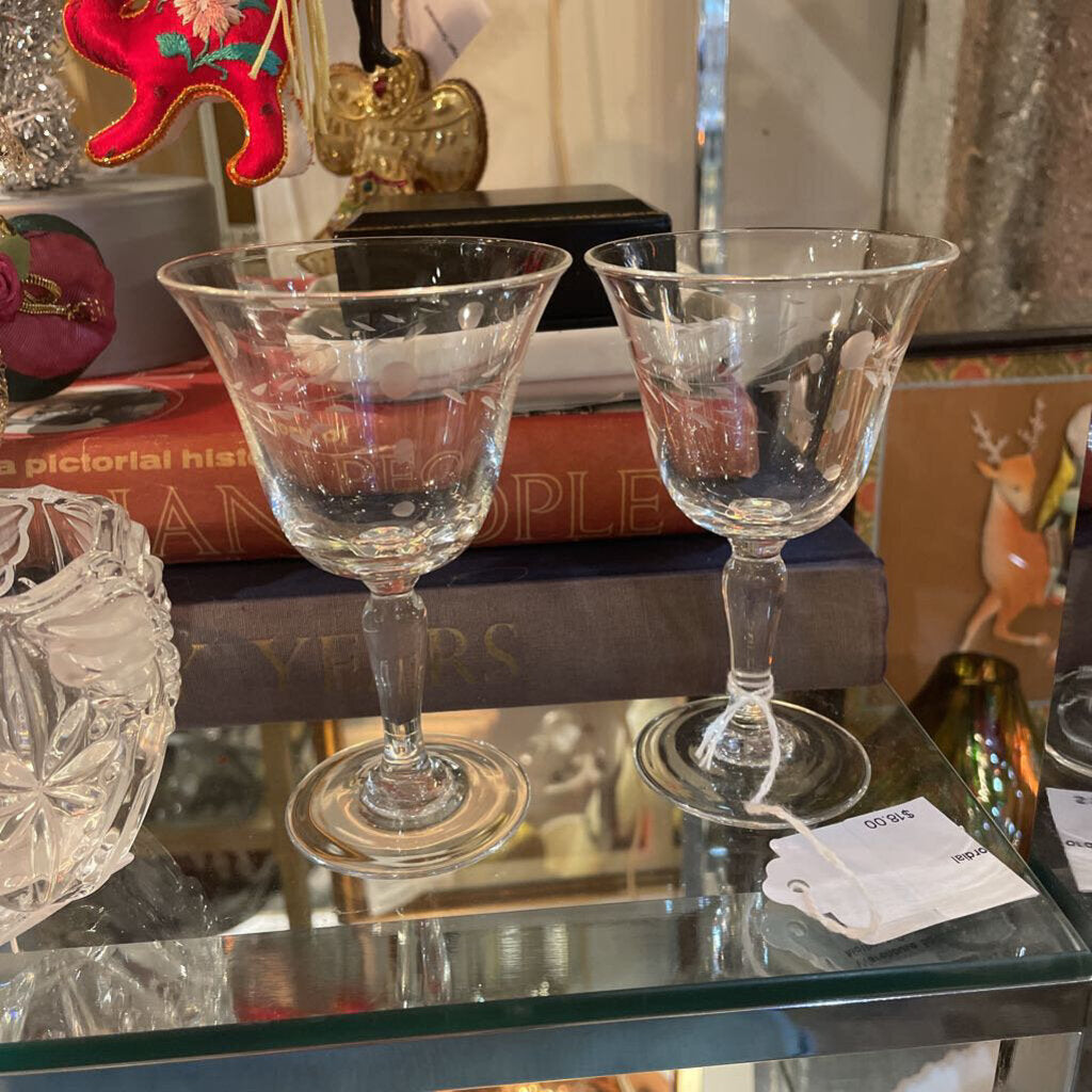 Pair of Etched Glass Cordial Glasses