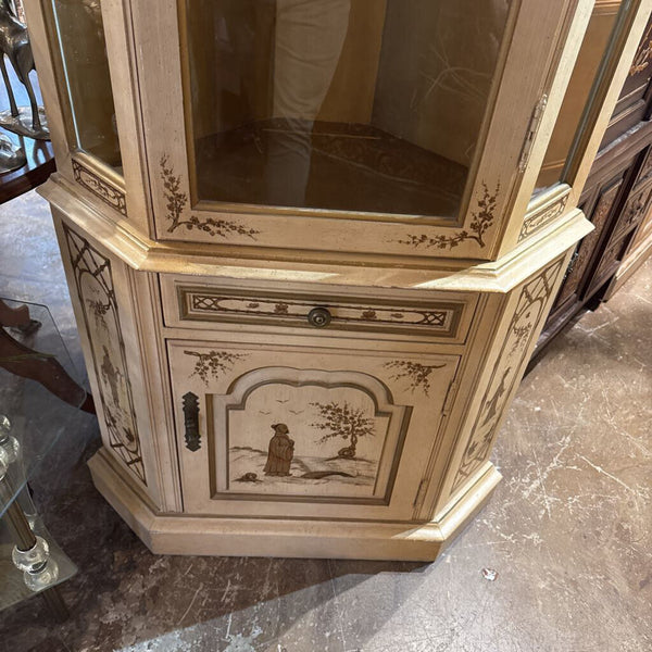 Cream Wood Henredon Corner Cabnet with Painted Gold Detail