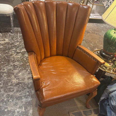 Set of Vintage Leather Hi - Back Chairs 35 talk/25 wide— with Nail Trim . Good condition -as is / a few leather splits in store pick up only