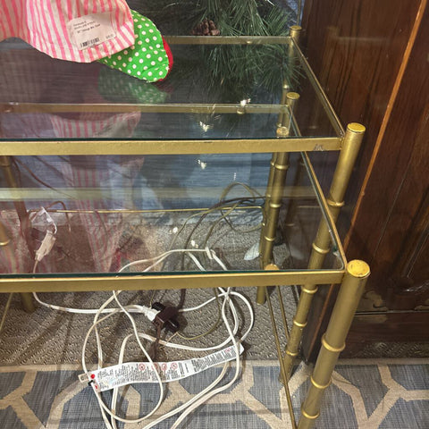 Set of 2 brass Bamboo Nesting Side tables with glass shelves - as is / glass has a few chips