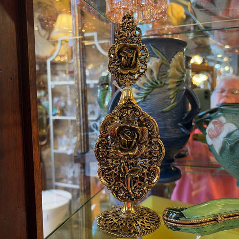 Vintage gold filigree rose motif tall perfume bottle with glass stem