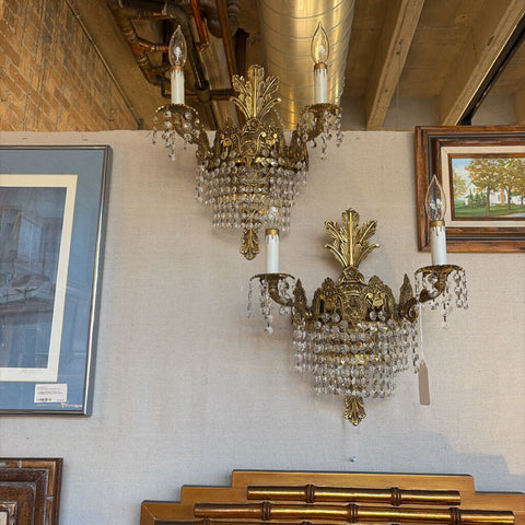 Early 20th century French art deco cut crystal wall sconce s pair with 4 lights each and gorgeous Strauss crystals. Gorgeous floral motif-approx 16t x13w x7d For pick up only