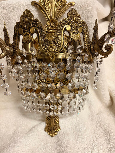 Early 20th century French art deco cut crystal wall sconce s pair with 4 lights each and gorgeous Strauss crystals. Gorgeous floral motif-approx 16t x13w x7d For pick up only
