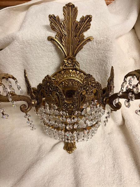 Early 20th century French art deco cut crystal wall sconce s pair with 4 lights each and gorgeous Strauss crystals. Gorgeous floral motif-approx 16t x13w x7d For pick up only