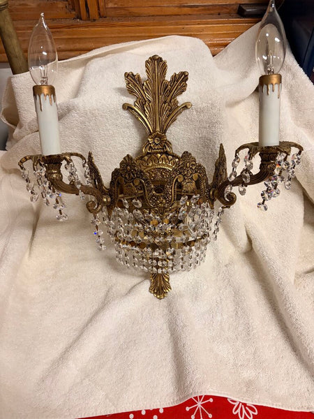 Early 20th century French art deco cut crystal wall sconce s pair with 4 lights each and gorgeous Strauss crystals. Gorgeous floral motif-approx 16t x13w x7d For pick up only
