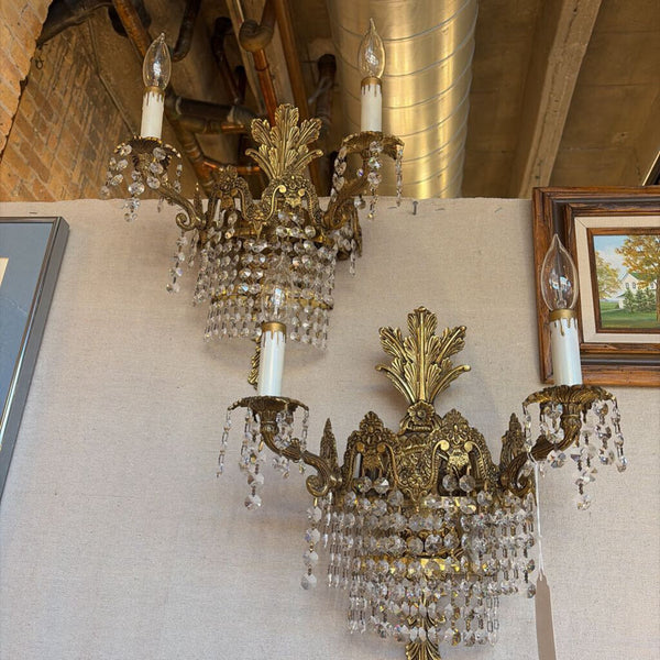 Early 20th century French art deco cut crystal wall sconce s pair with 4 lights each and gorgeous Strauss crystals. Gorgeous floral motif-approx 16t x13w x7d For pick up only