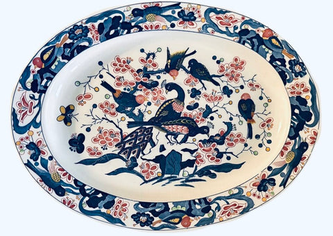 PEACOCK, BIRDS AND FLORALS LARGE CHINOISERIE PLATTER | 18.5"W X 14"D
