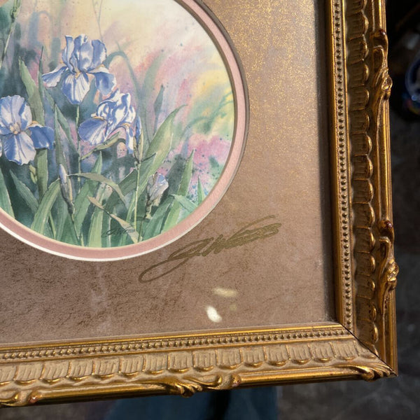 "Afternoon Irris" Print in Gold Ornate Frame 7x7in with wire back