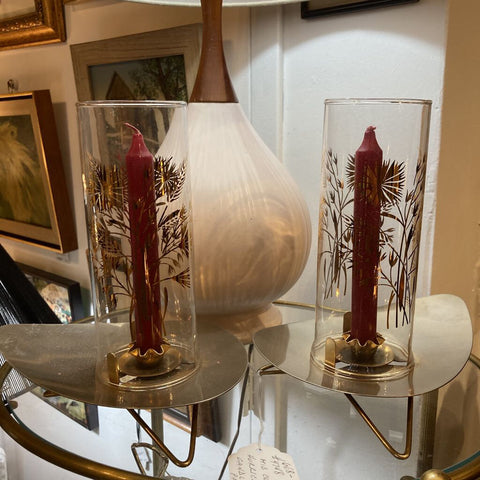 Pair mid century hurricane candlesticks (9 tall, 8 wide inches)