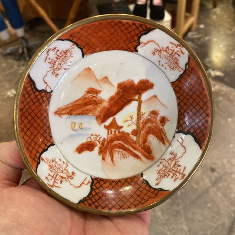 Brass cased Asian porcelain dish (5:)