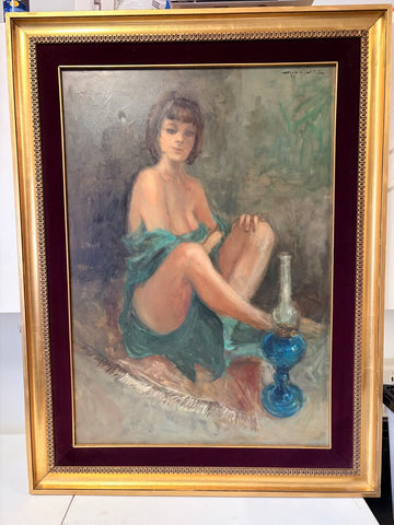 Vintage oil on nailed in canvas nude in gold guilded velvet matted frame For pick up only-36.5x48