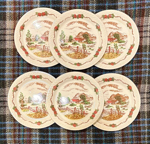 VINTAGE FIGGJO NORWAY PLATES WITH A FARMHOUSE SCENE - SET OF 6 | 6" DIAMETER