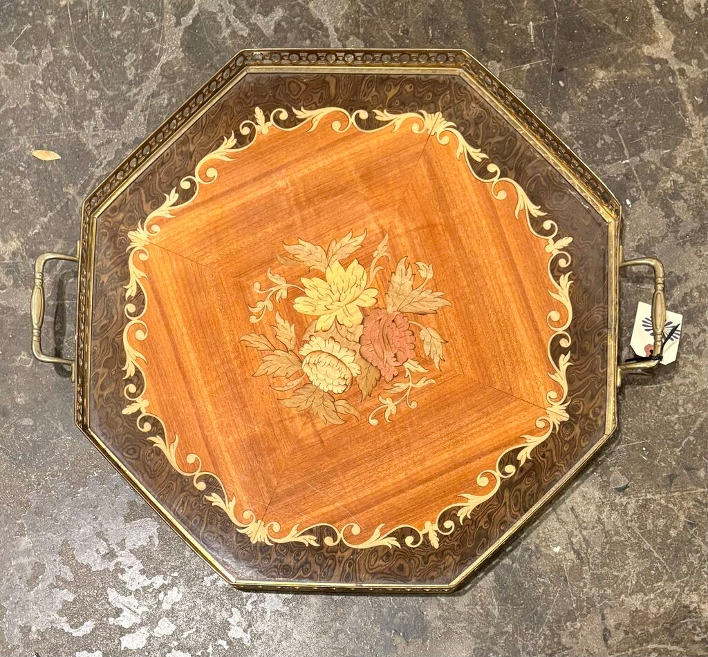 ITALIAN MARQUETRY WOOD INLAY TRAY WITH BRASS GALLERY & HANDLES | 18.25"W X 16"D
