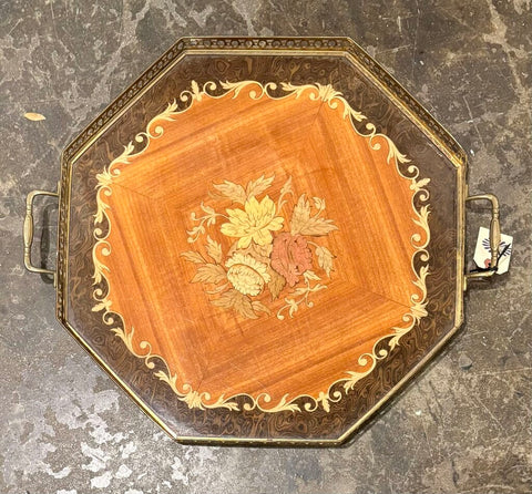 ITALIAN MARQUETRY WOOD INLAY TRAY WITH BRASS GALLERY & HANDLES | 18.25"W X 16"D