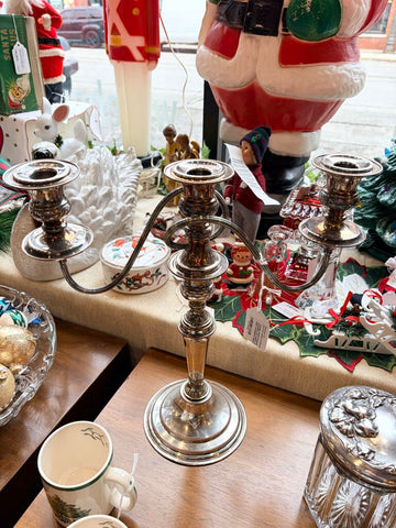 Vintage Israel Freeman and Son silverplate on copper convertible triple candelabra approx 14.5x14.5