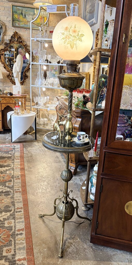 American Victorian ornate brass footed piano lamp-electrified 62t table 14.5 diameter circa 1890 For pick up only