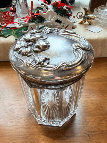 Art nouveau paneled glass humidor with embossed silverplate floral top circa 1905