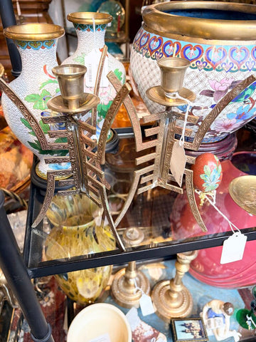 Fritz brass Chinoiserie pair of candleholders